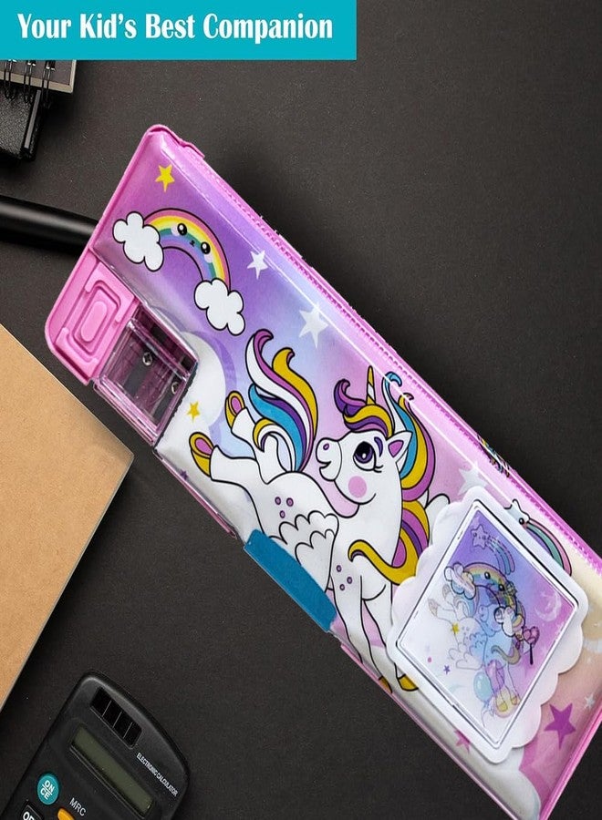 SIDAK Plastic Unicorn Printed Pencil Box With Calculator, Dual Sharpener, Pen & Pencil Holder, Magnetic Door Closure And Birthday Party Return Gift For Kids.Calculator Pencil Box,(Pink) - Image 5
